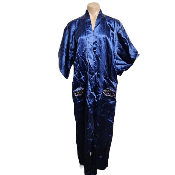 Vintage Asian Silk Kimono Robe Embroidered Dragon Blue Long Size Medium - Picture 2 of 9